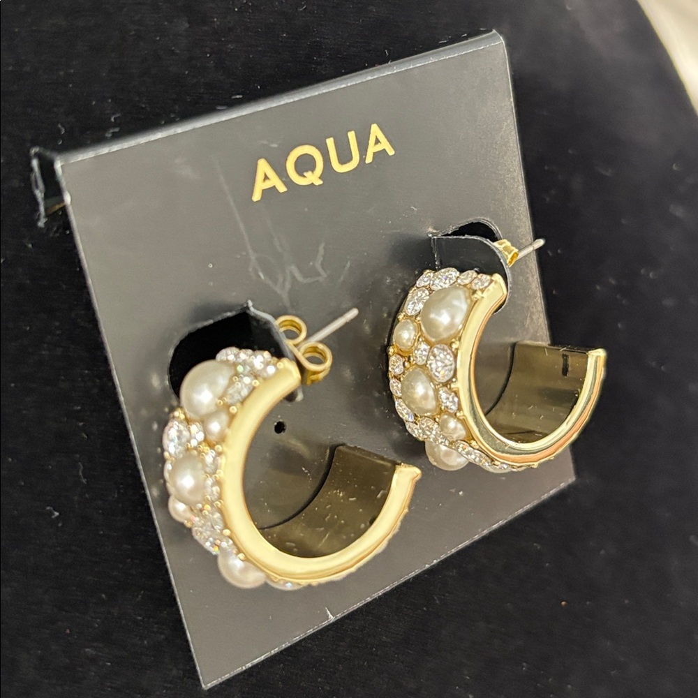 Aqua Gold Tone Crystal Faux Pearl C Hoop Earrings